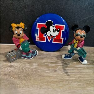 Vintage Disney Mickey and Minnie rubber figures & Mickey’s Toontown button